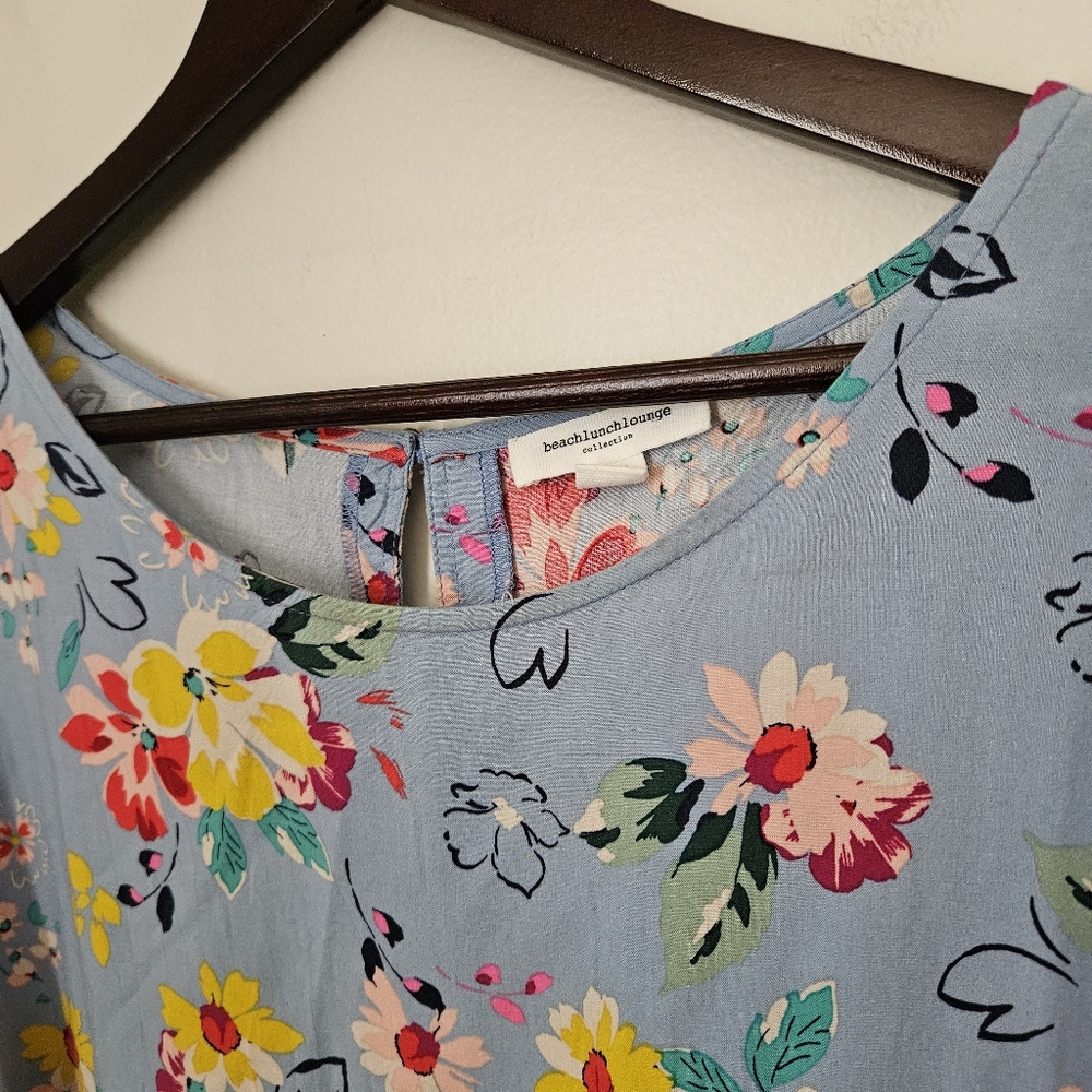 beachlunchlounge Floral Blue Shift Dress Belt Mini Short Sleeve Casual Large - Picture 4 of 13